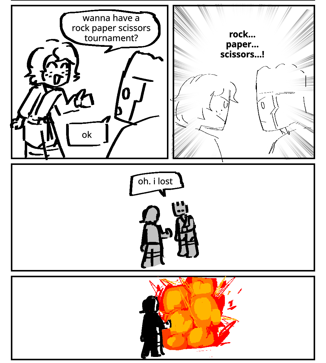 Jay looks playfully at Zane. Jay: Wanna have a rock paper scissors tournament? Zane: Ok. The two glare intensely at each other. Rock… paper… scissors…! “Oh. I lost,” says Zane. He dramatically explodes.