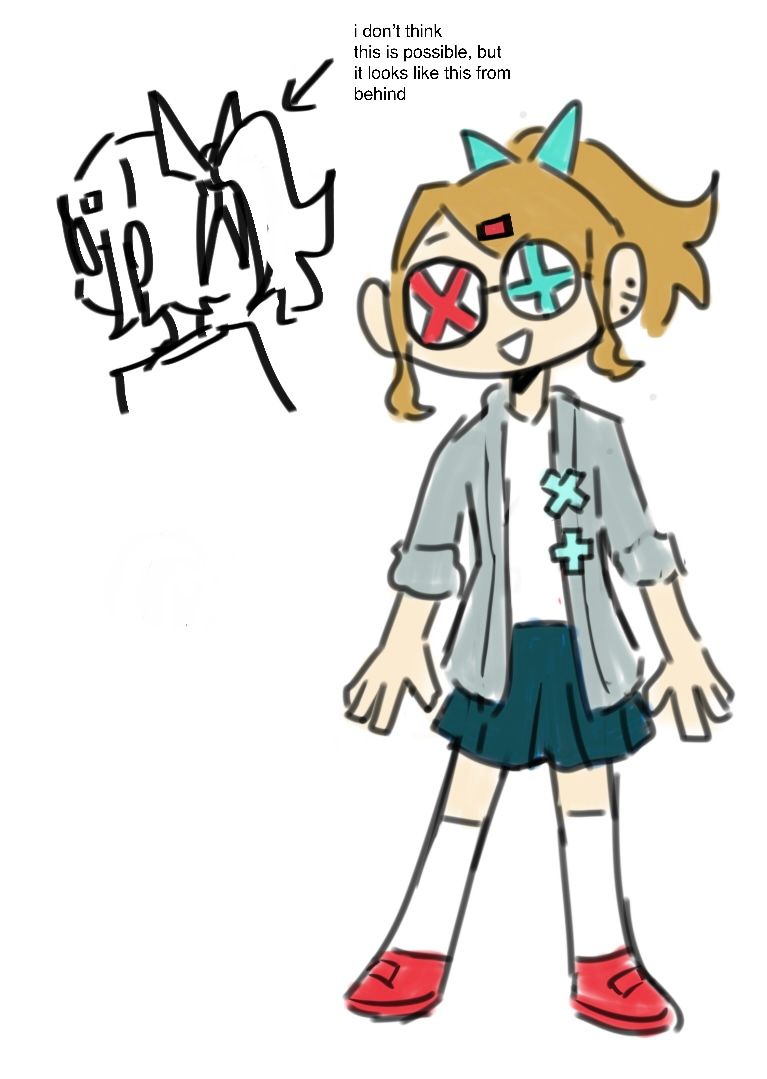 An image of Zero. Her hair is a dirty blonde, tied into a ponytail. There is a red hairpin shaped like a minus, and a blue hair tie that appears like a bow. She has big round glasses that hide her eyes, with one lens having a red X through the center and the other a blue plus through the center. She wears a white shirt underneath a grey jacket rolled up to her elbows. The buttons on the jacket are blue and shaped like an X and a plus. She also wears a blue plaid shirt, white socks up to her knees, and red shoes with a single velcro that appears like a minus. A small image of the back of her head, points out that her hair tie is shaped like an X. Text with an arrow says: I don't think this is possible, but it looks like this fdom behind.