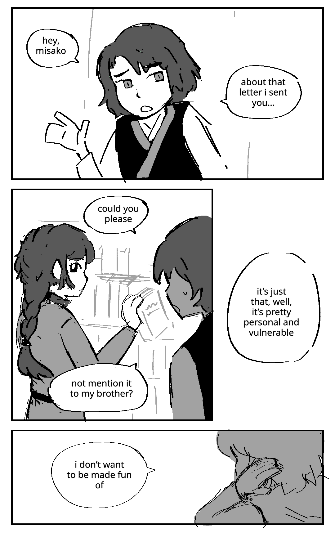 Young Garmadon waves at Misako. Garmadon: Hey, Misako, about that letter I sent you… She is pulling a book from the library shelves. Garmadon: Could you please not mention it to my brother? It's just that, well, it's pretty personal and vulnerable. Garmadon rubs the back of his neck. Garmadon: I don't want to be made fun of.