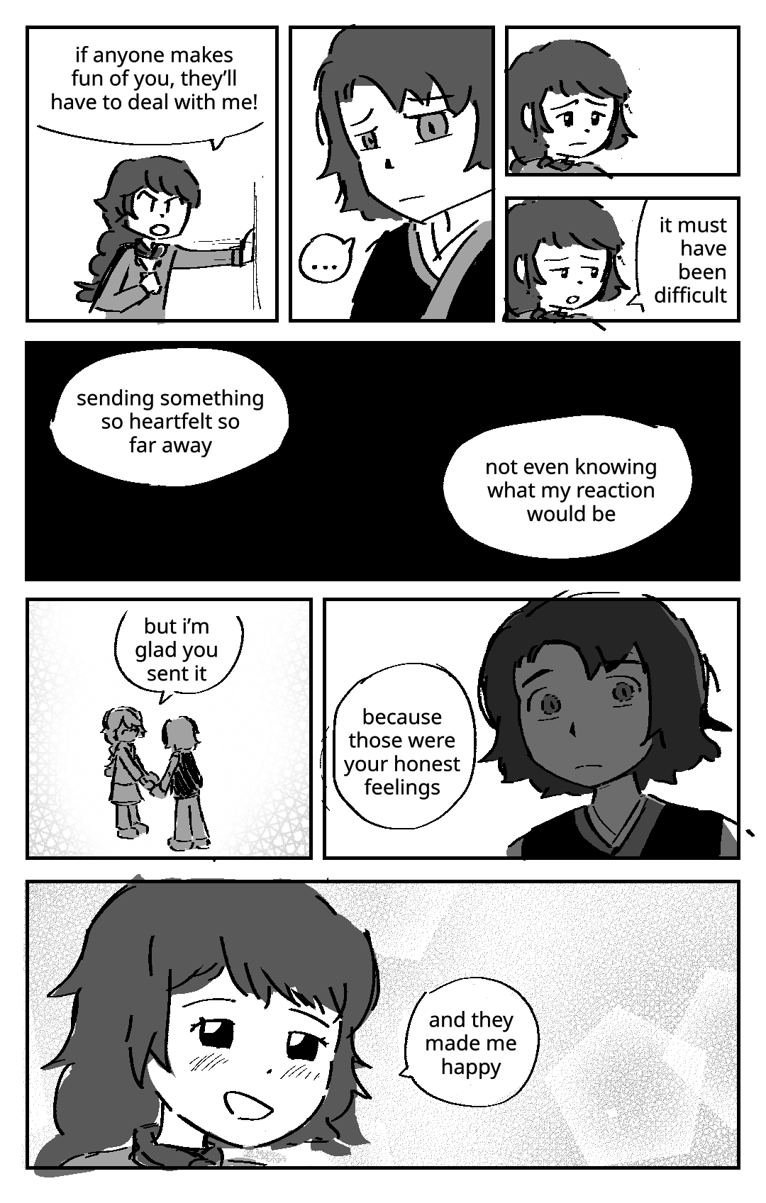 Misako: If anyone makes fun of you, they'll have to deal with me! Garmadon is still frowning. Misako looks at him with pity. Misako: It must have been difficult. Sending something heartfelt so far away… not even knowing what my reaction would be. She holds his hands. Misako: But i'm glad you sent it. Garmadon looks at her in surprise, or perhaps fear. Misako: Because those were your honest feelings. She smiles at him, surrounded by happy sparkles. Misako: And they made me happy.