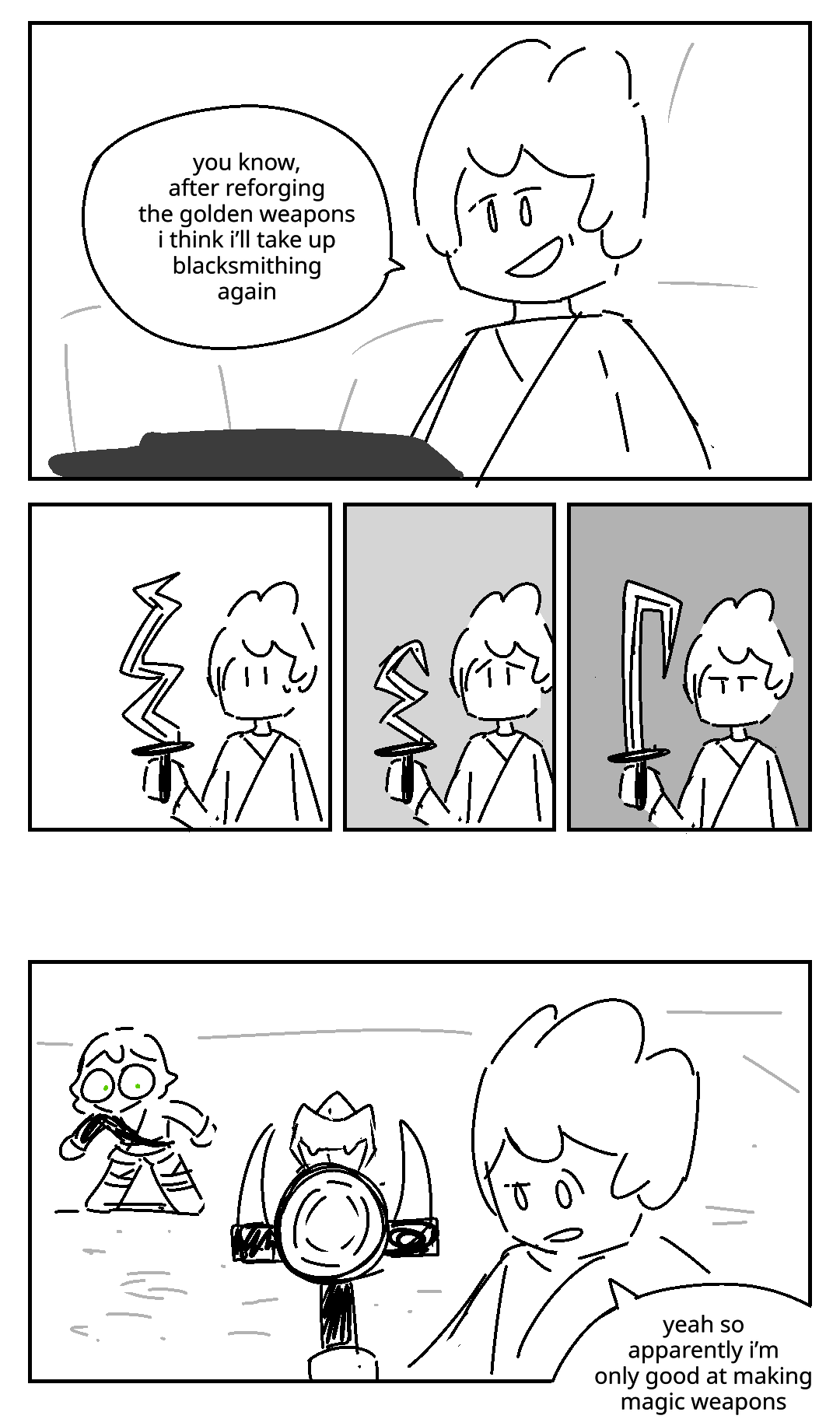 Kai stands over a forge, smiling. Kai: You know, after reforging the Golden Weapons I think i'll take up blacksmithing again. Kai holds up a series of poor swords as his expression goes from surprise, to dismay, to annoyance. Later, Kai holds up a replica of Chen's staff from season 4. Kai: Yeah so apparently i'm only good at making magic weapons. Lloyd looks on in terror.