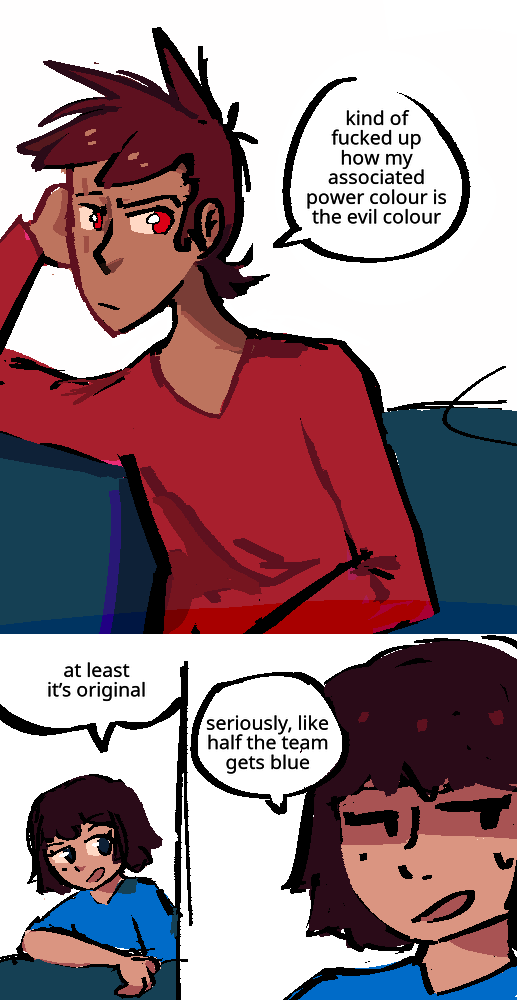 Kai lounges on a couch. Kai: Kind of fucked up how my associated power colour is the evil colour. Nya leans over the back cushion, smiling. Nya: At least it's original. A shadow falls over her eyes. Nya: Seriously, like half the team gets blue.