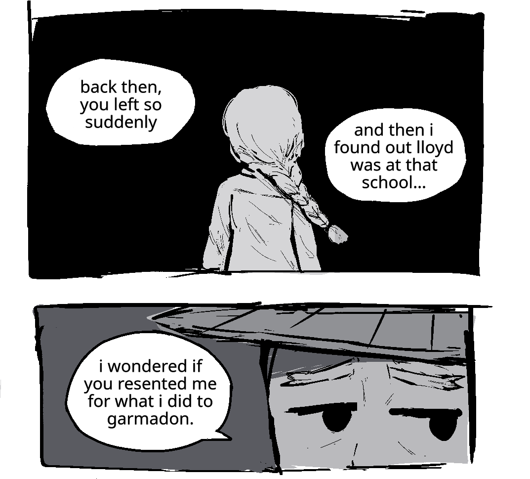 The memory of Misako's back, her hair blowing in the wind. She's leaving. You can't see her face. Someone is speaking: Back then, you left so suddenly. And then I found out that Lloyd was at that school… The speaker is Master Wu. He's so tired. He continues: I wondered if you resented me for what I did to Garmadon.