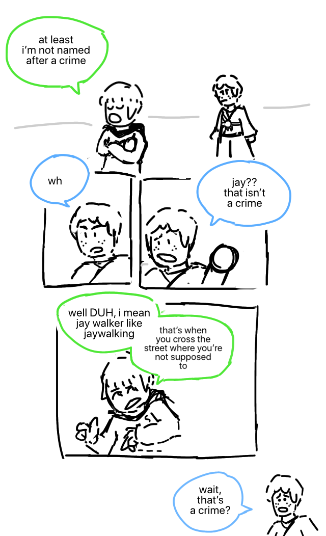 Lloyd and Jay seem to be having some kind of petty argument. Lloyd: At least I'm not named after a crime. Jay: Wh… Jay?? That isn't a crime. Lloyd: Well DUH, I mean Jay Walker like jaywalking. He mimes a walking motion with his hand. Lloyd: That's when you cross the street where you're not supposed to. Jay: Wait, that's a crime?