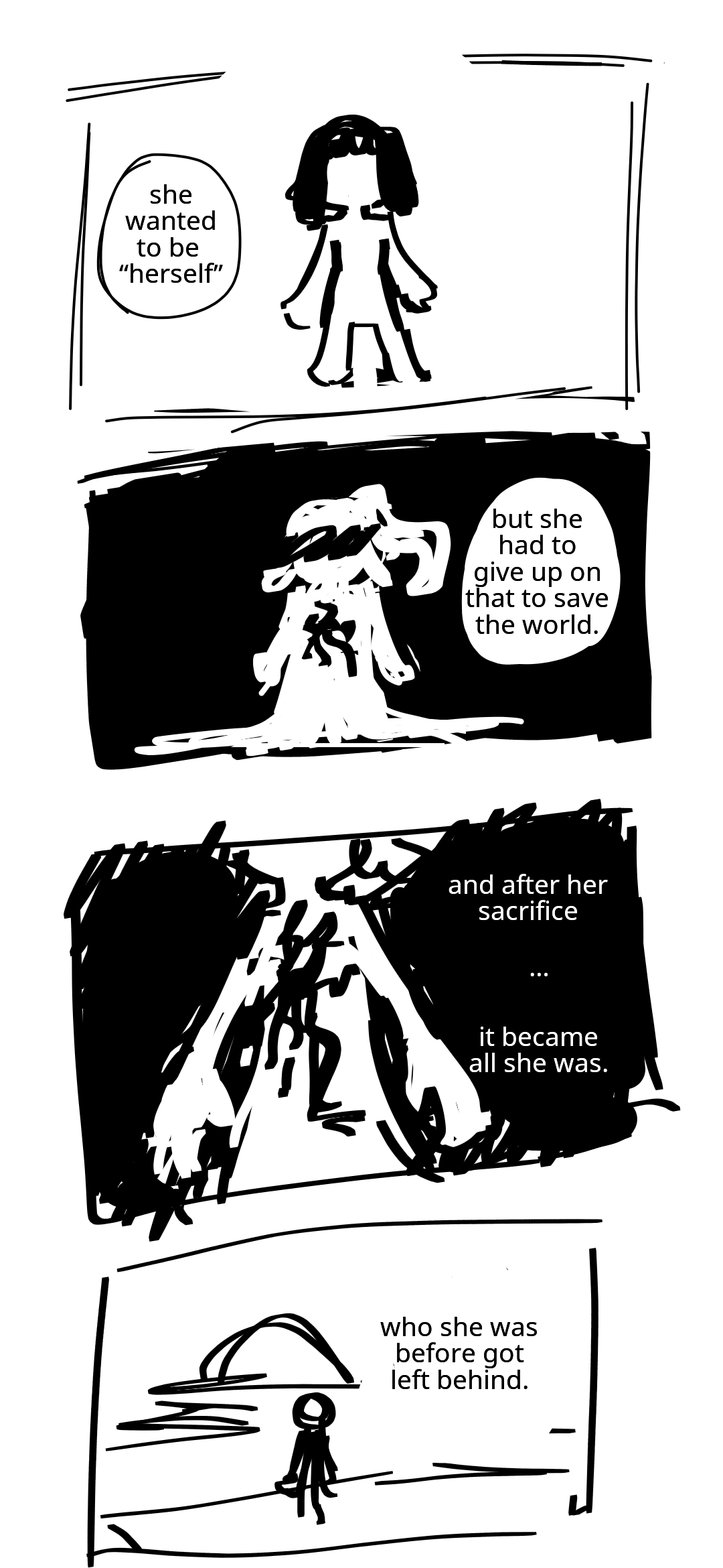 A silhouette of Nya from the pilots, before her hair was tied into a ponytail. Nya: She wanted to be herself. A silhouette of Nya after her sacrifice in Seabound. Her eyes are blacked out. The swirling water in her chest is like a black whirlpool. Nya: But she had to give up on that to save the world. The blackness in her chest spreads outwards, like a parasite. Nya: And after her sacrifice… it became all she was. Someone stares into an ocean sunset. Nya: Who she was before got left behind.